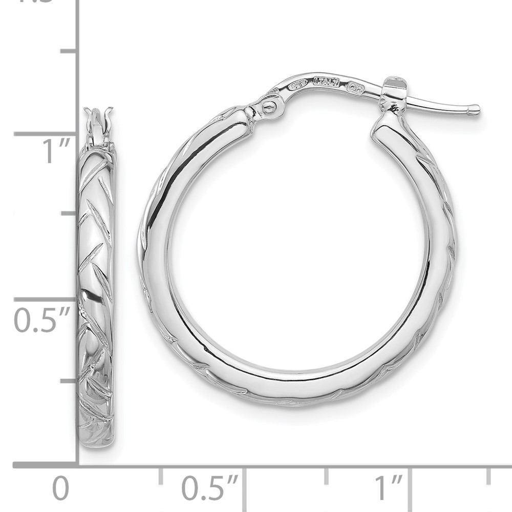 Sterling Silver Rhodium-plated Polished and Textured Hoop Earrings (QE16808)