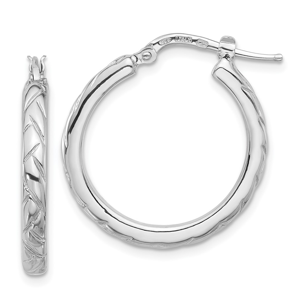 Sterling Silver Rhodium-plated Polished and Textured Hoop Earrings (QE16808)
