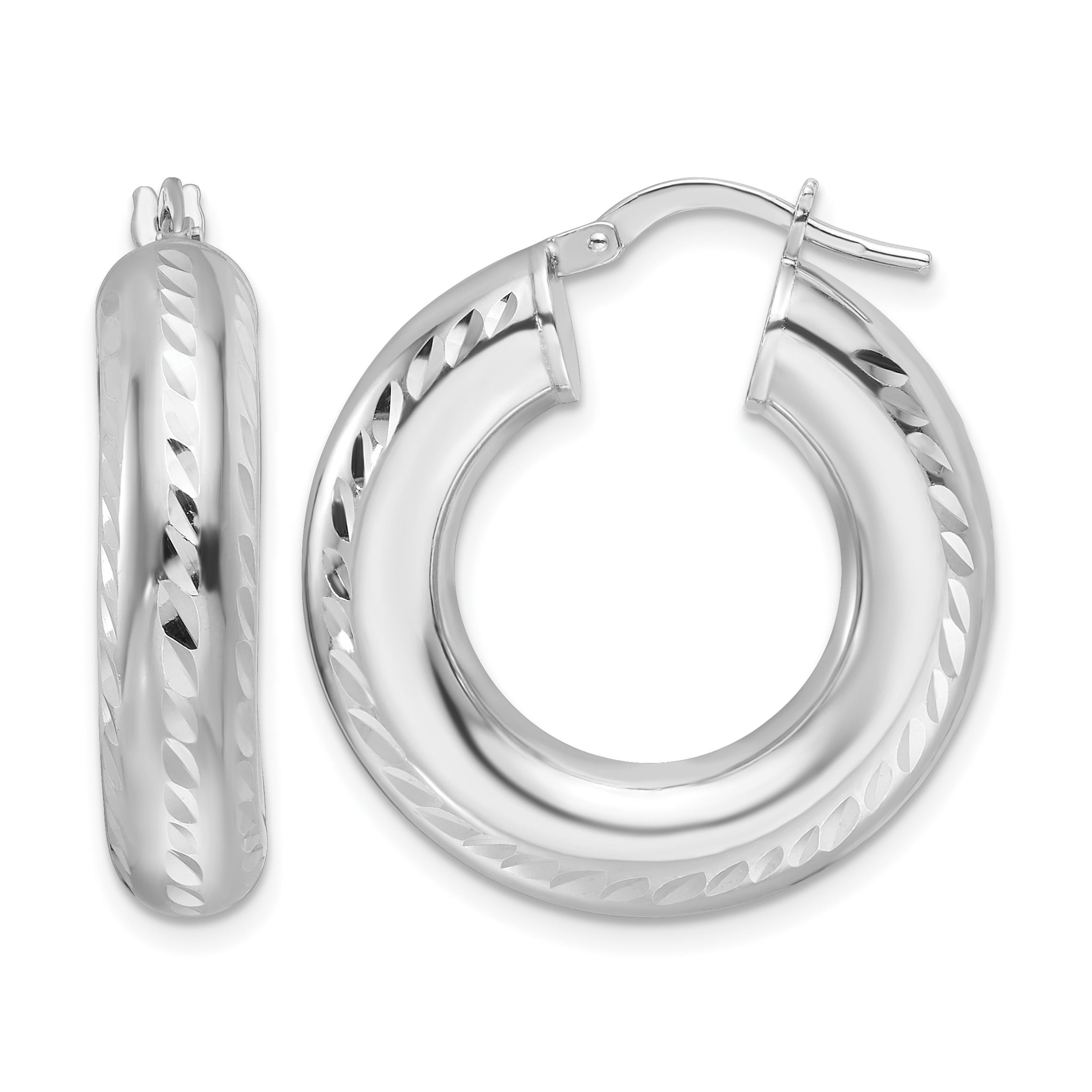 Sterling Silver Rhod-plated Polished & D/C 6mm Hollow Hoop Earrings (QE16811)