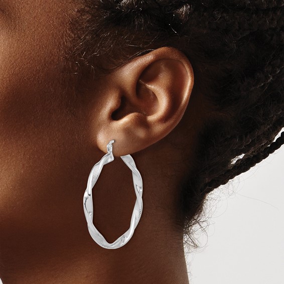 Sterling Silver 3.75mm Textured Twisted Hoop Earrings