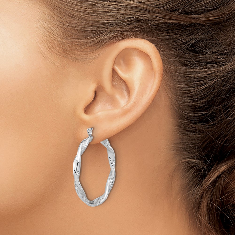 Sterling Silver Rhodium-plated Textured 3.7mm Twisted Hoop Earrings (QE16829)