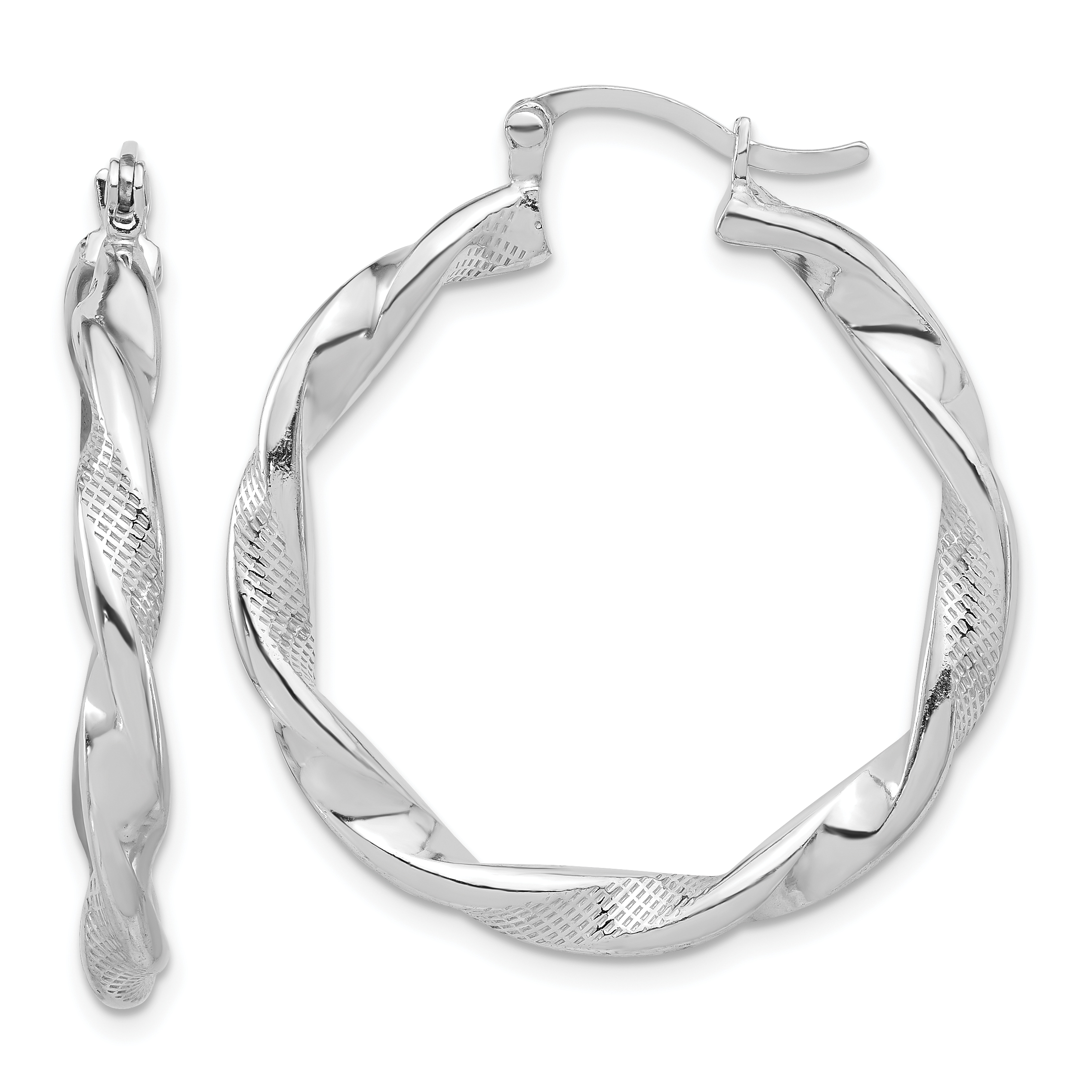 Sterling Silver Rhodium-plated Textured 3.7mm Twisted Hoop Earrings (QE16830)
