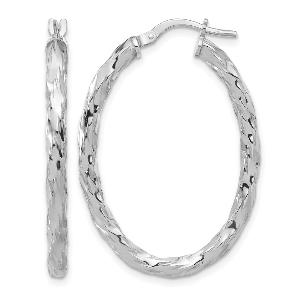 Sterling Silver Rh-plated Polished and Textured Twisted Oval Hoop Earrings (QE16833)