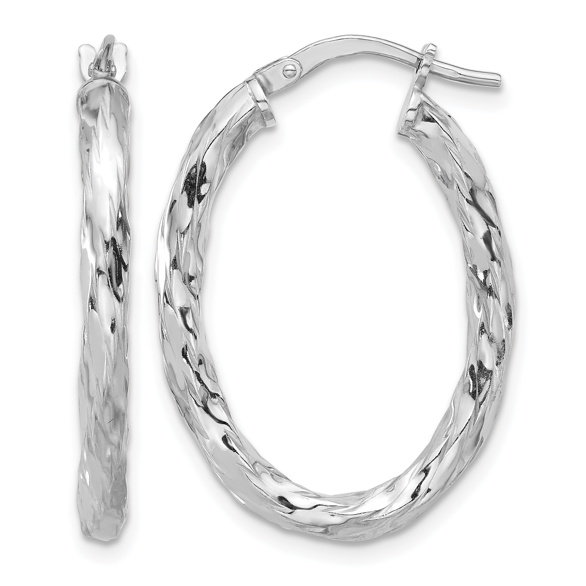 Sterling Silver Rh-plated Polished and Textured Twisted Oval Hoop Earrings (QE16834)