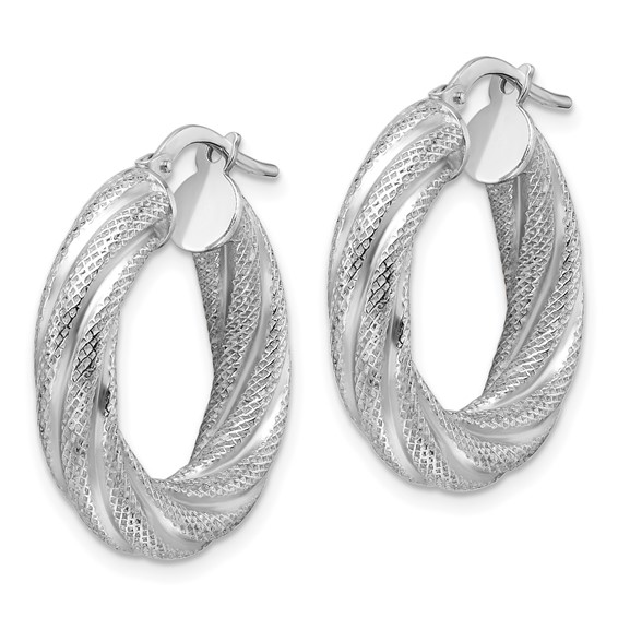 Sterling Silver Rhod-plated  5mm Textured Twisted Hoop Earrings
