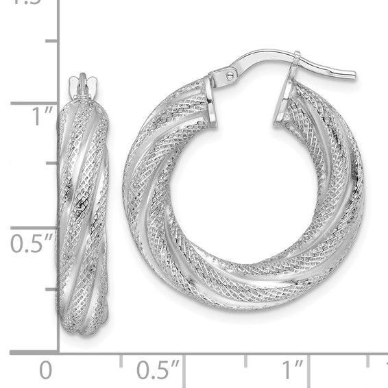 Sterling Silver Rhod-plated  5mm Textured Twisted Hoop Earrings