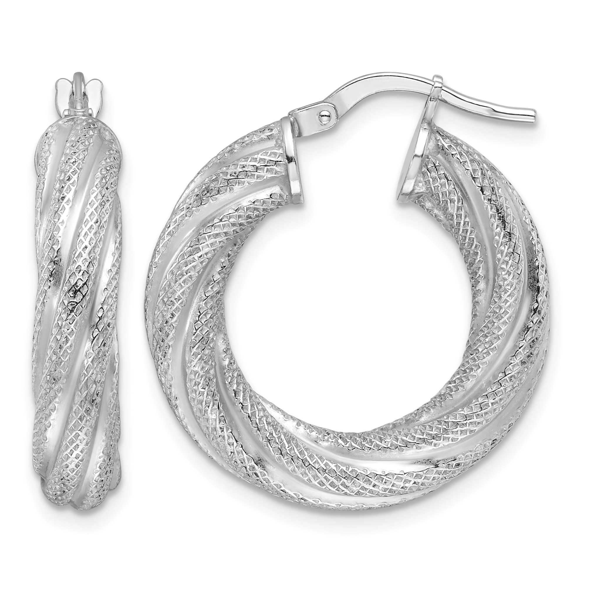 Sterling Silver Rhod-plated  5mm Textured Twisted Hoop Earrings (QE16837)