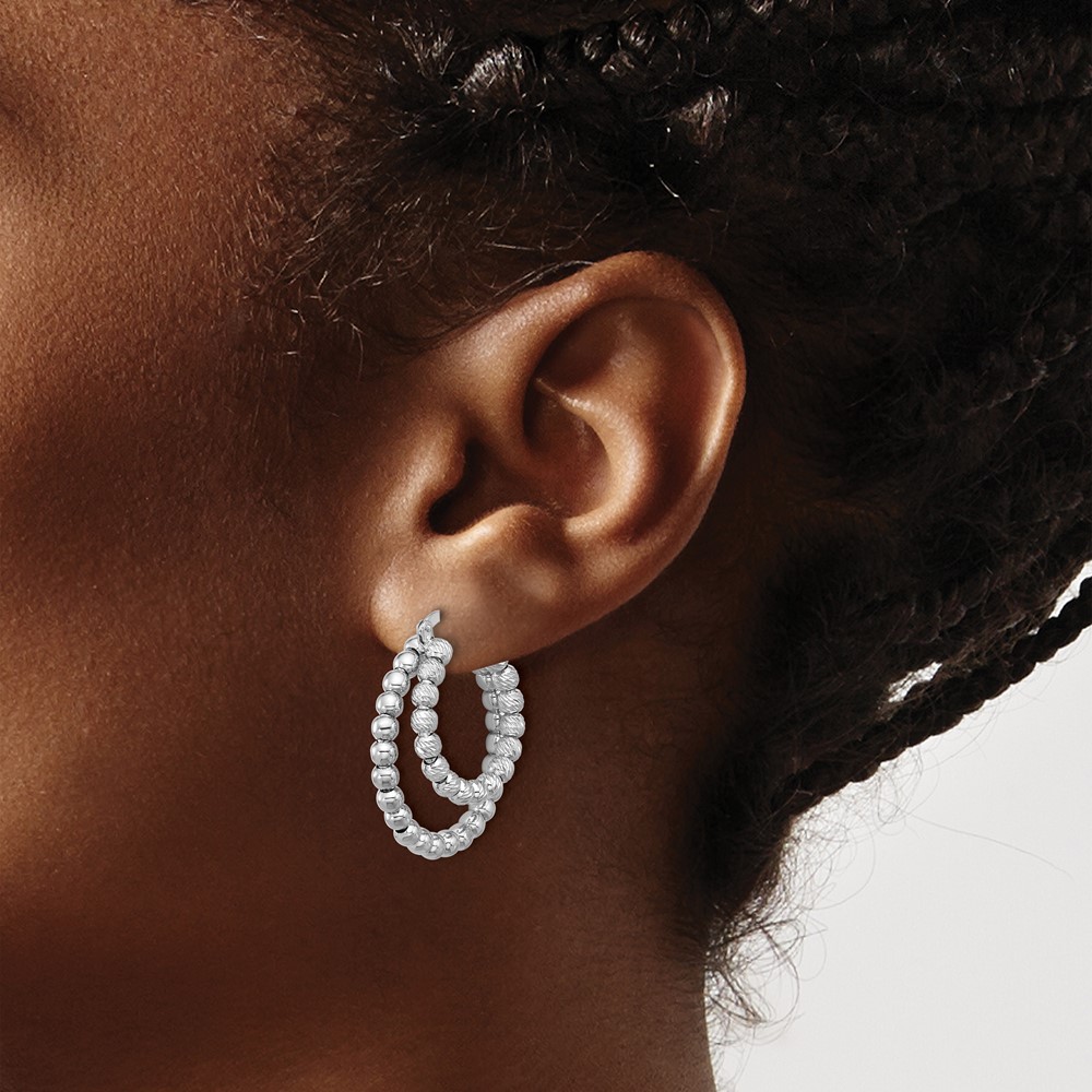 Sterling Silver Rhod-plated D/C Beaded Double Hoop Earrings (QE16841)