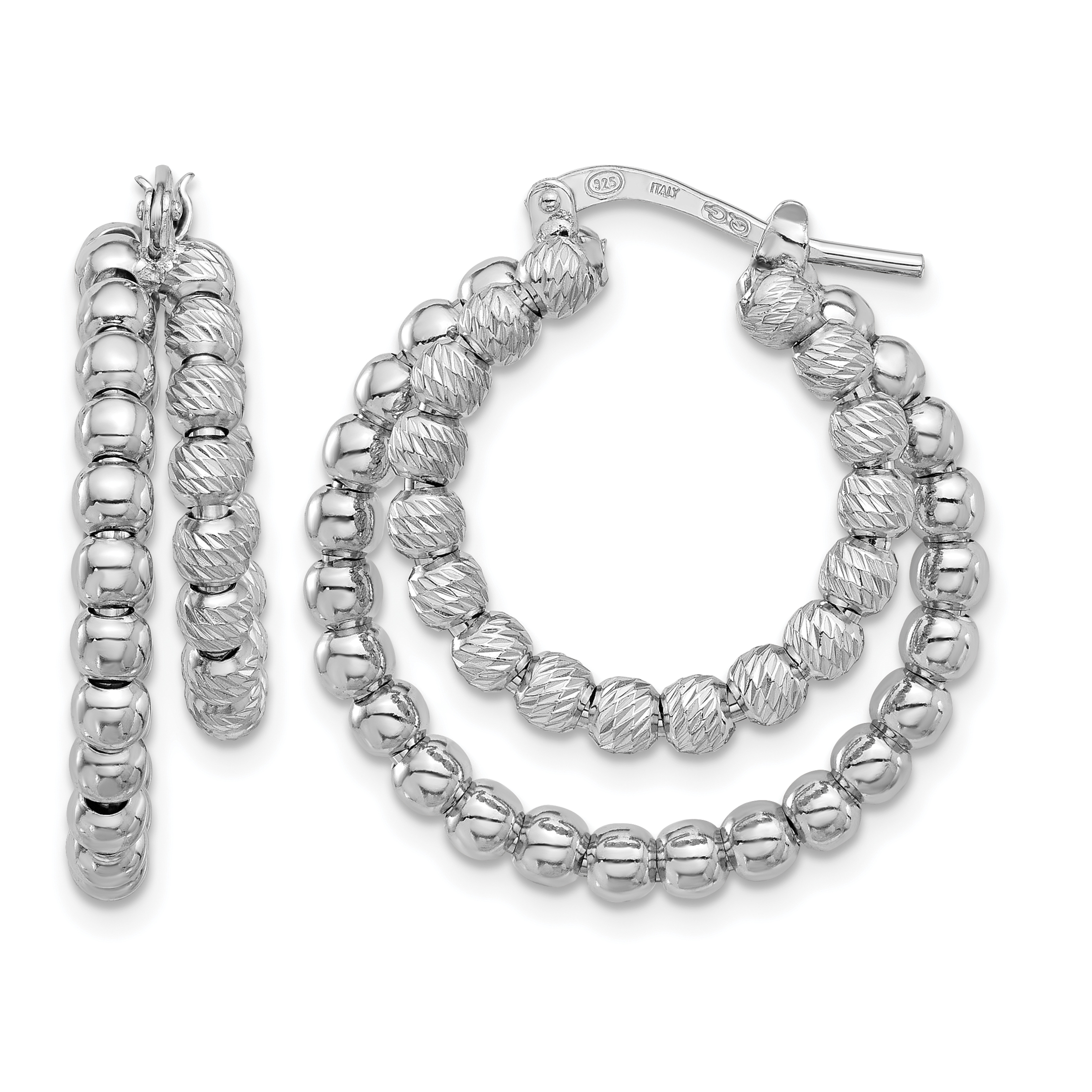 Sterling Silver Rhod-plated D/C Beaded Double Hoop Earrings (QE16841)