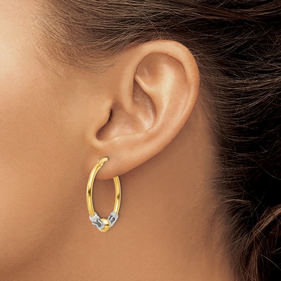 Sterling Silver Gold-tone Polished Antiqued Beaded Hoop Earrings