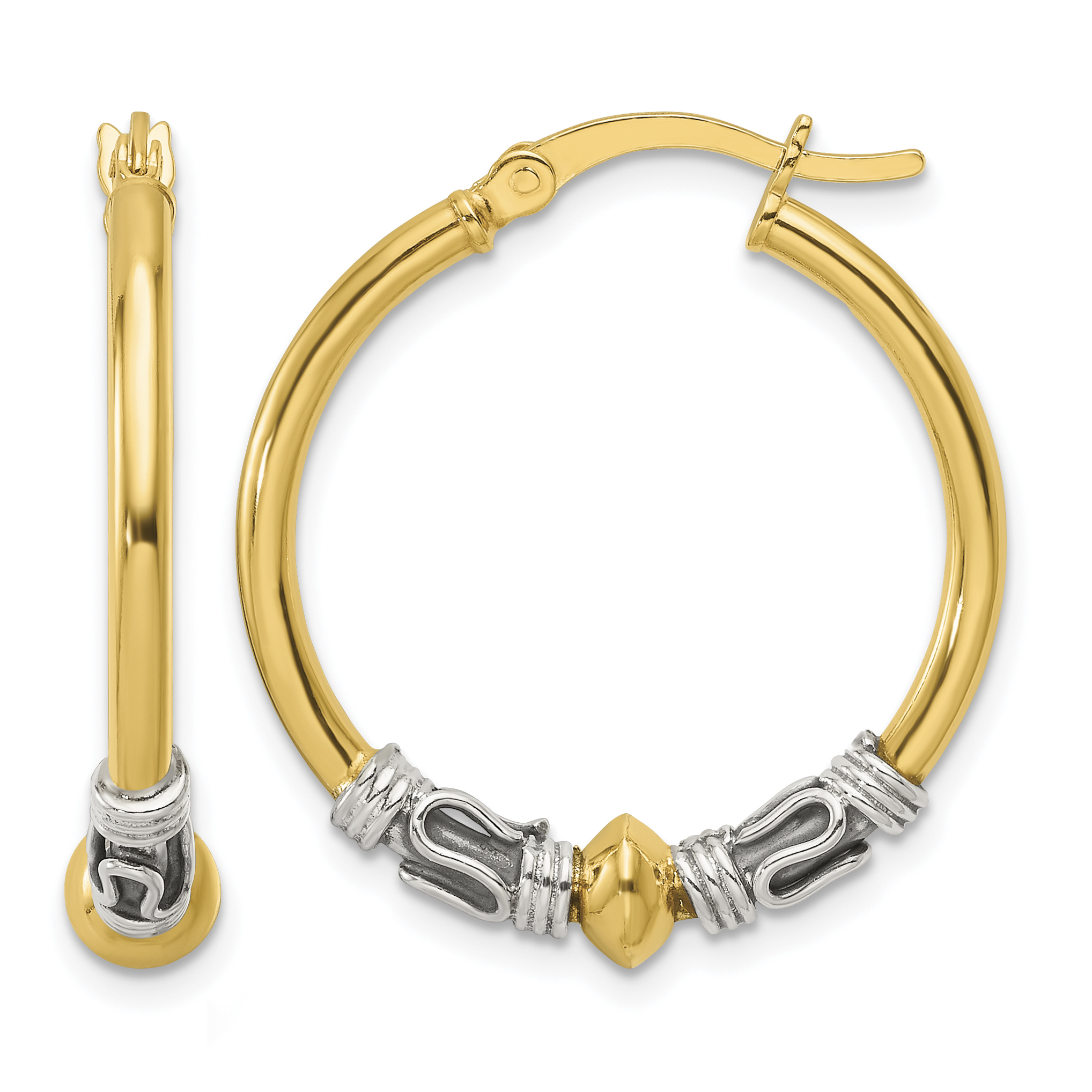 Sterling Silver Gold-tone Polished Antiqued Beaded Hoop Earrings (QE16850)