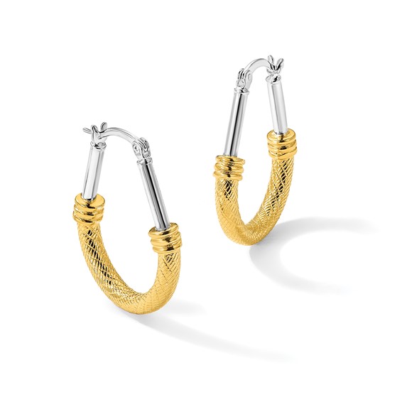 Sterling Silver and Gold-tone Polish and Textured Fancy Hoop Earrings