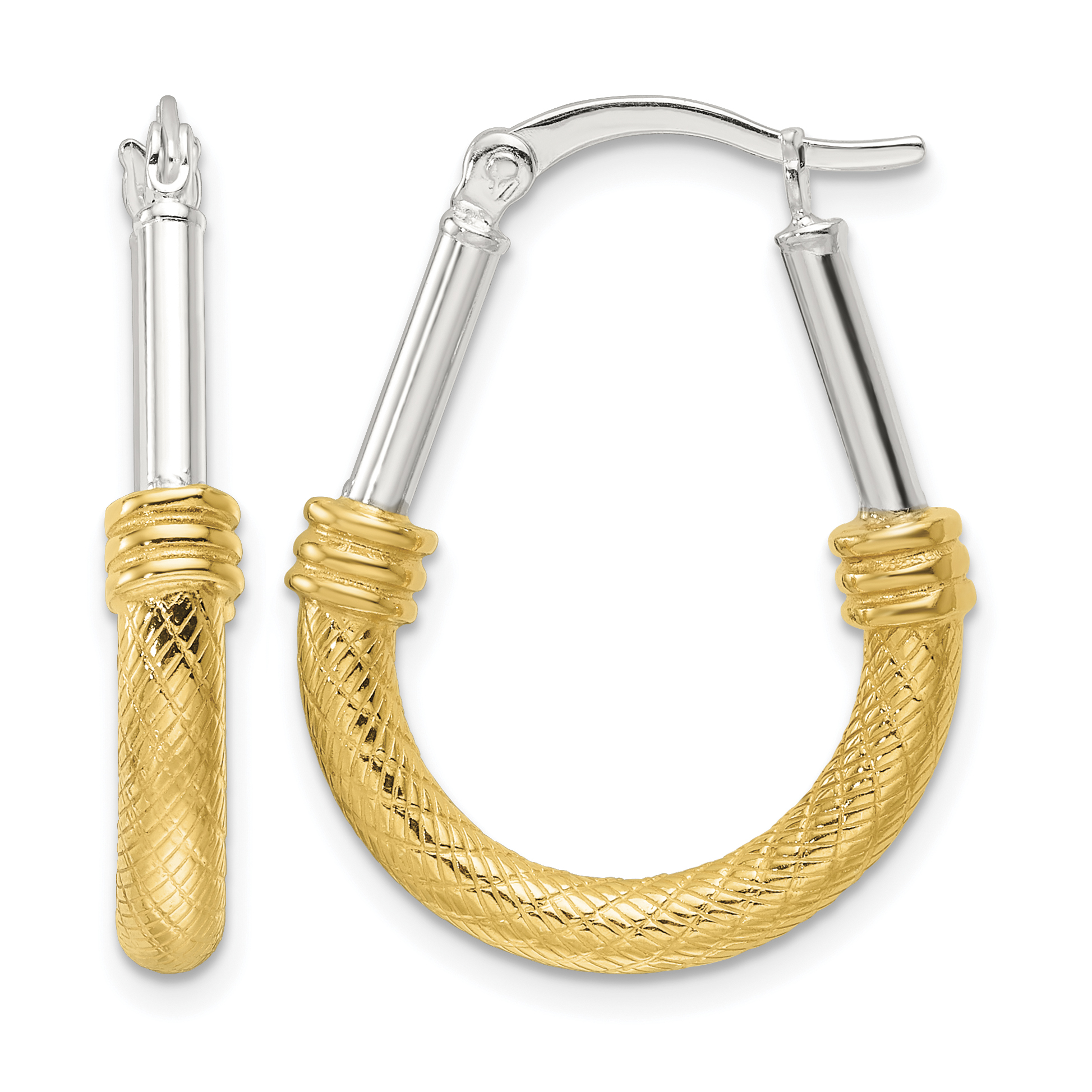 Sterling Silver and Gold-tone Polish and Textured Fancy Hoop Earrings (QE16861)
