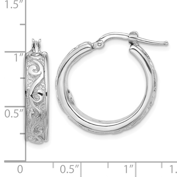 Sterling Silver Rhod-plated Polished and Textured Round Hoop Earrings