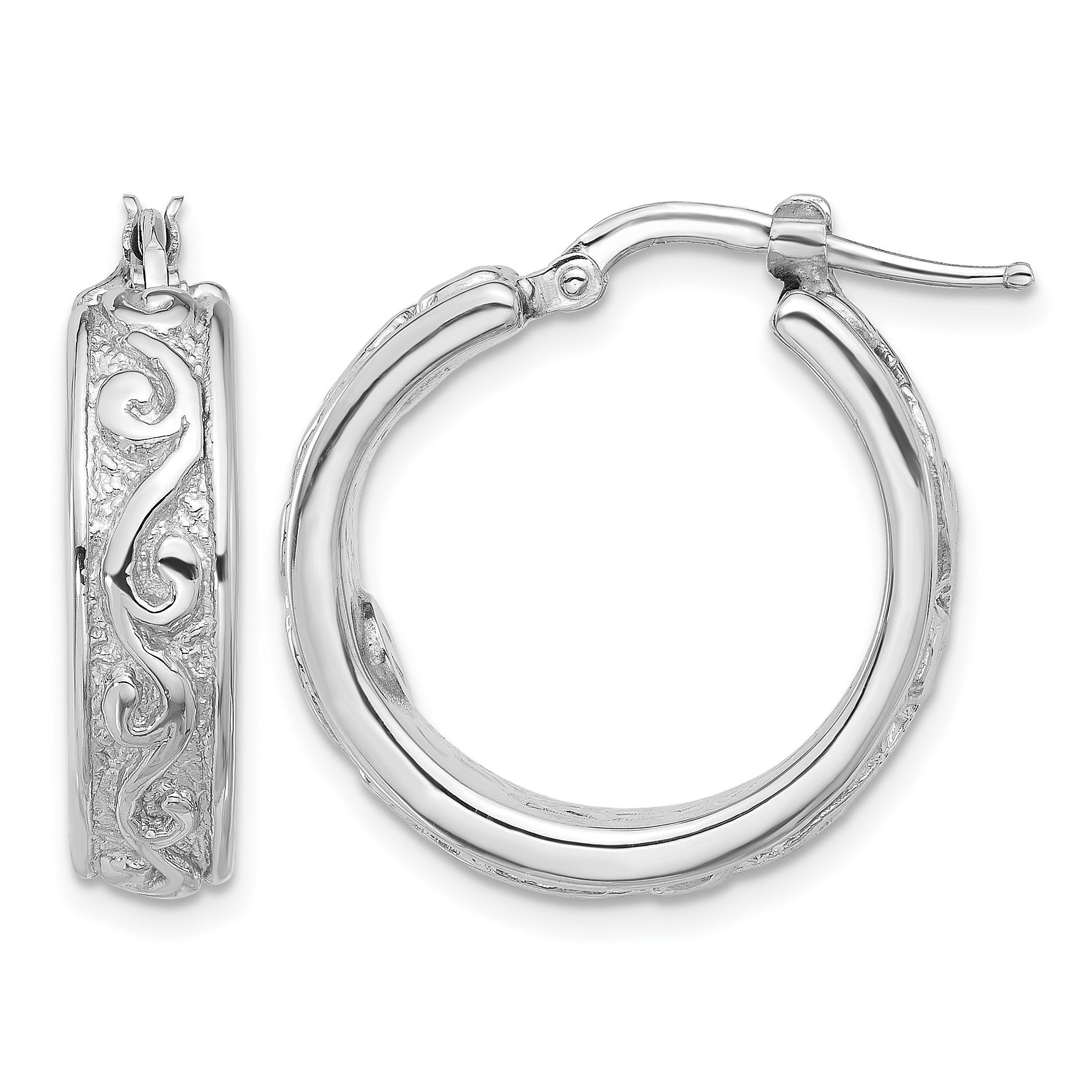Sterling Silver Rhod-plated Polished and Textured Round Hoop Earrings (QE16866)