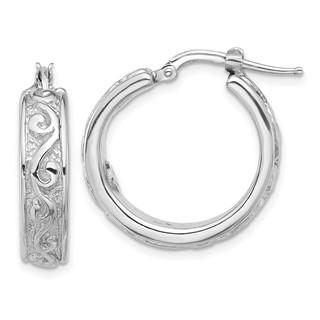 Sterling Silver Rhod-plated Polished and Textured Round Hoop Earrings