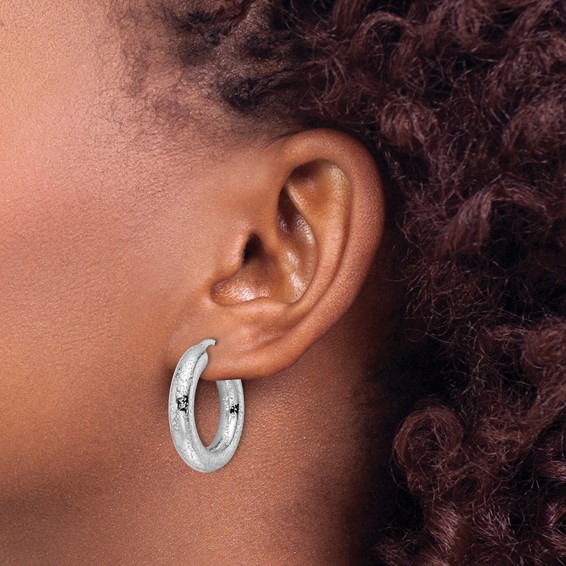 Sterling Silver Rhodium-plated Laser-cut 5mm Round Hoop Earrings