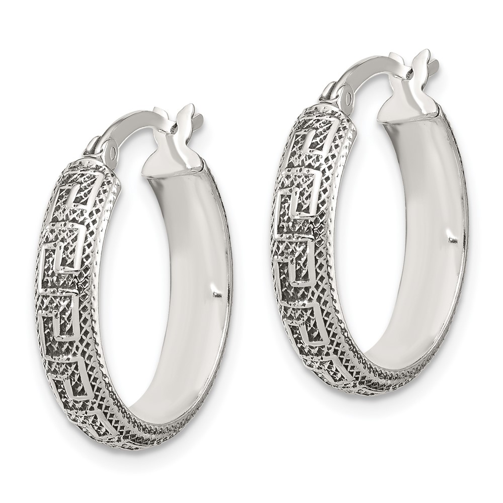 Sterling Silver Antiqued/Textured Greek Key SM Round Hoop Earrings (QE16873)