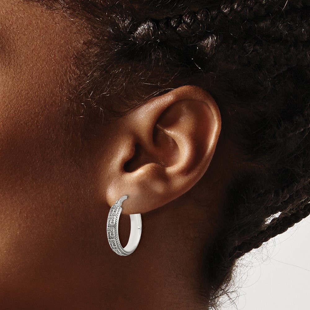 Sterling Silver Antiqued/Textured Greek Key SM Round Hoop Earrings (QE16873)