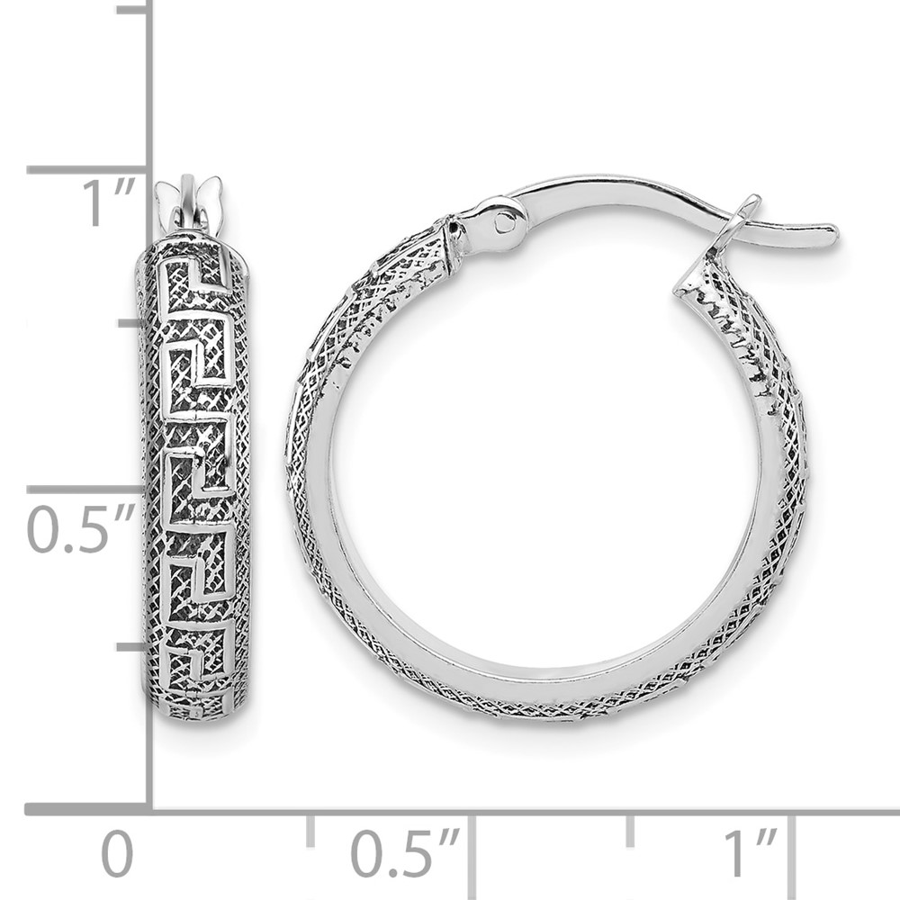 Sterling Silver Antiqued/Textured Greek Key SM Round Hoop Earrings (QE16873)