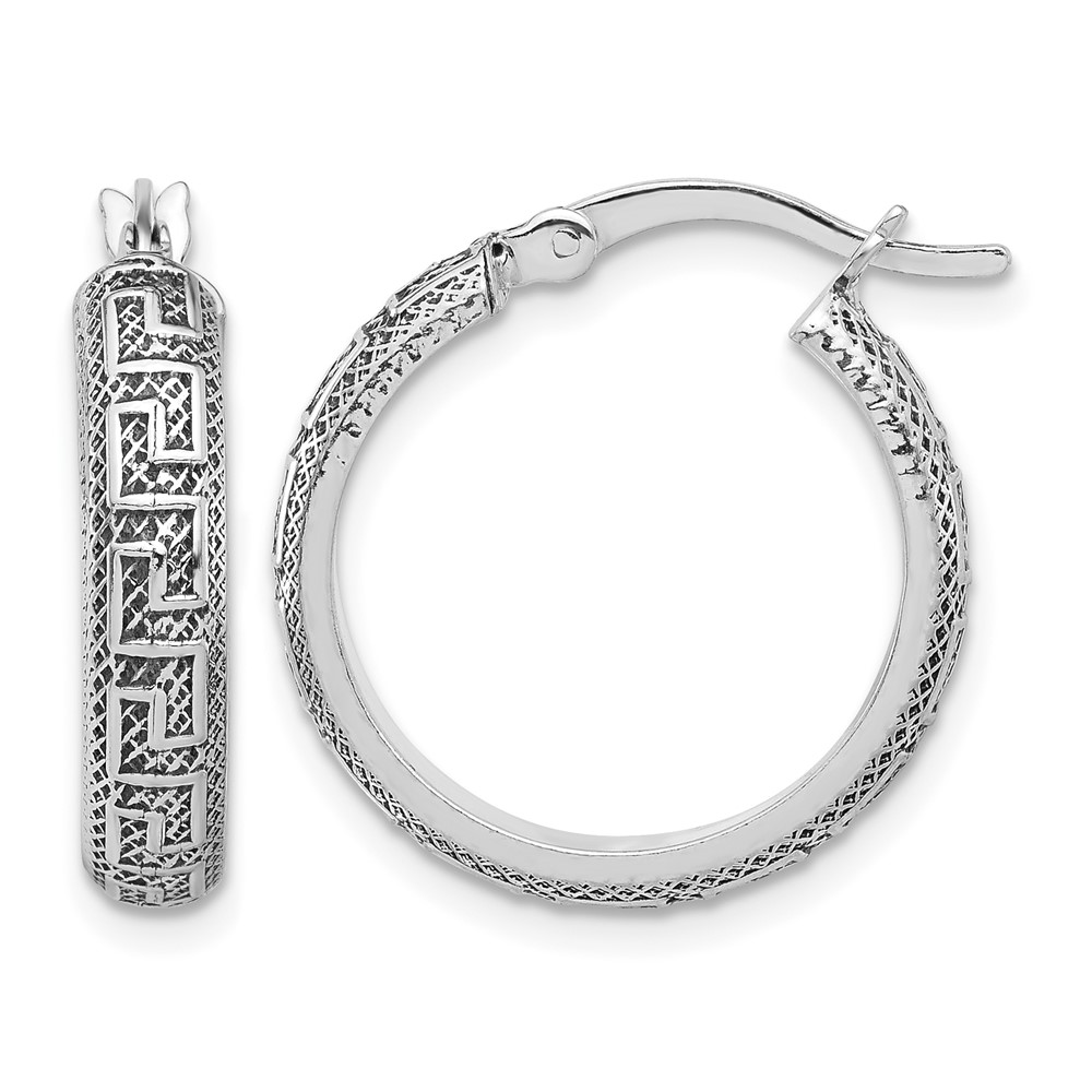 Sterling Silver Antiqued/Textured Greek Key SM Round Hoop Earrings (QE16873)