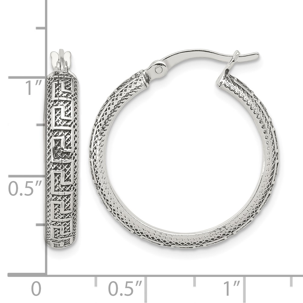 Sterling Silver Antiqued/Textured Greek Key LG Round Hoop Earrings (QE16874)