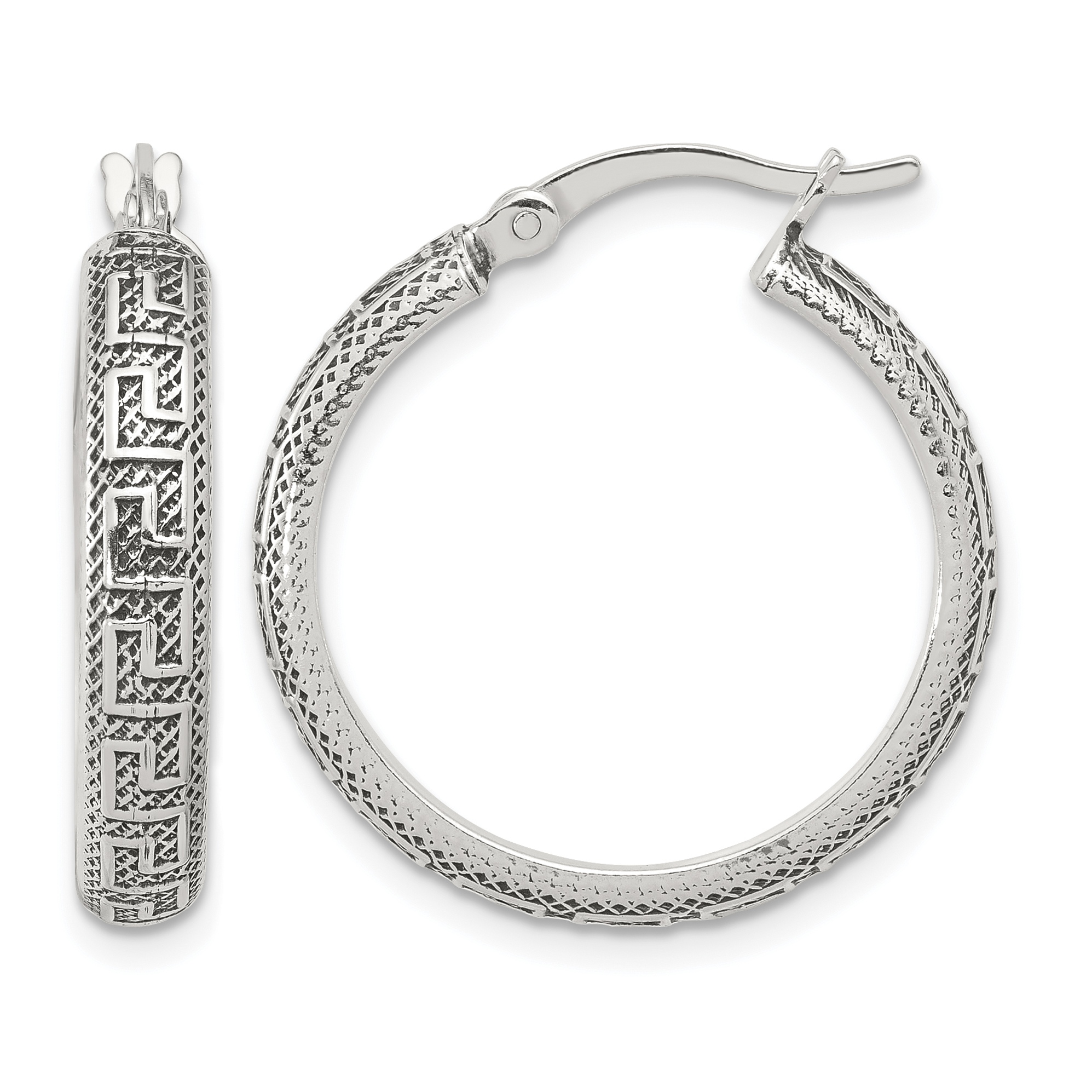 Sterling Silver Antiqued/Textured Greek Key LG Round Hoop Earrings (QE16874)