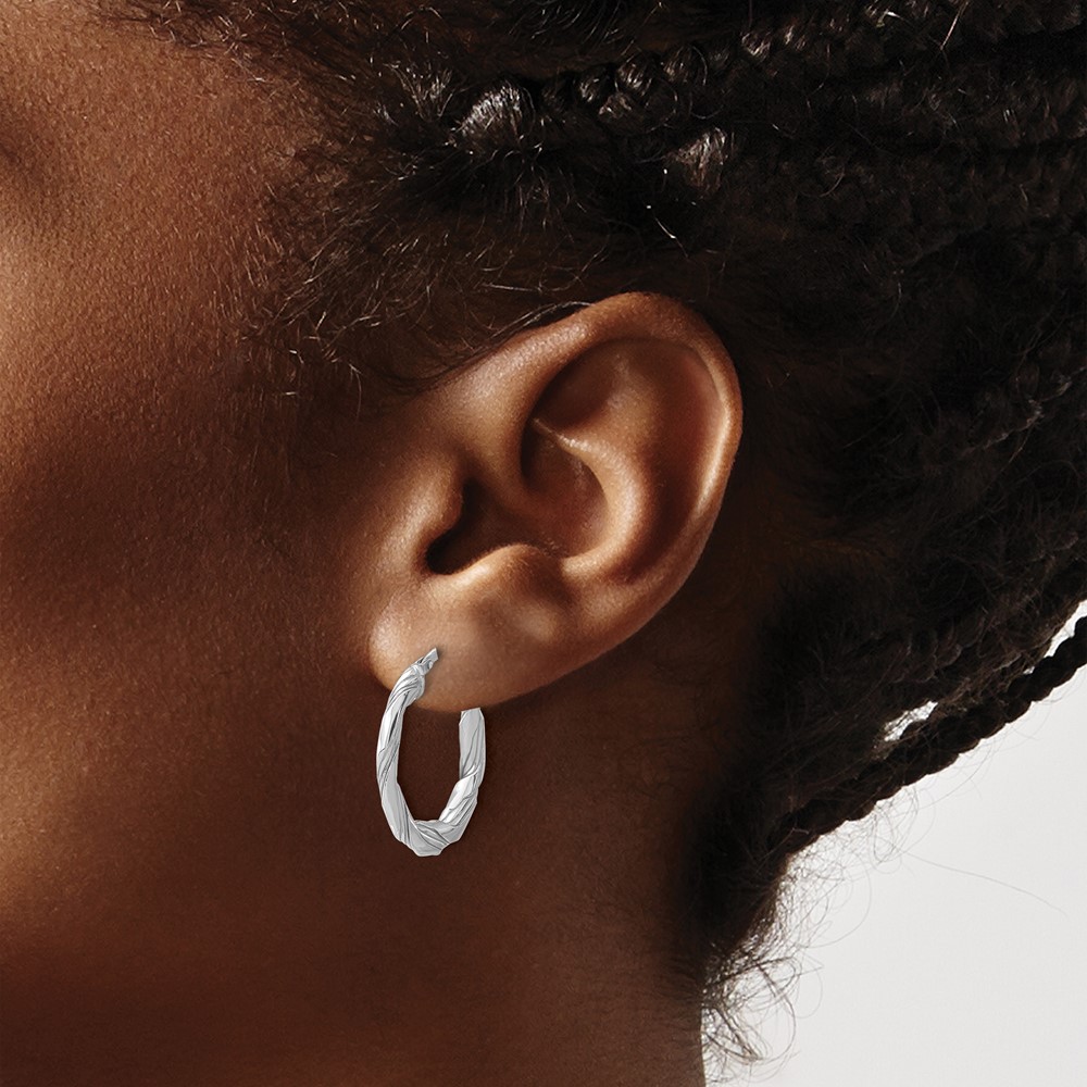 Sterling Silver RH-plated Polished and Textured Twisted Hoop Earrings (QE16880)
