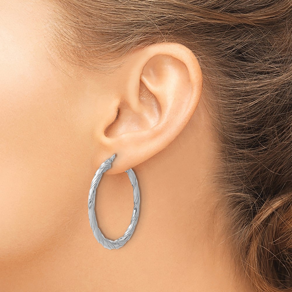 Sterling Silver RH-plated Polished and Textured Twisted Hoop Earrings (QE16883)
