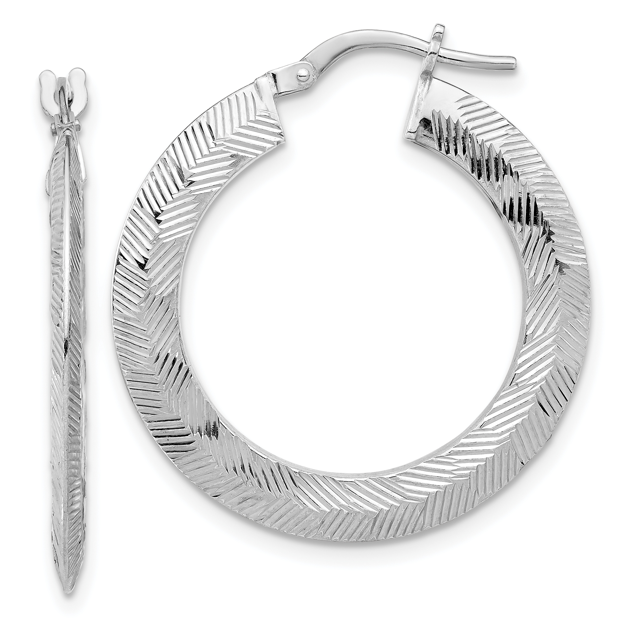 Sterling Silver Rhodium-plated D/C Knife Edge Round Hoop Earrings (QE16887)
