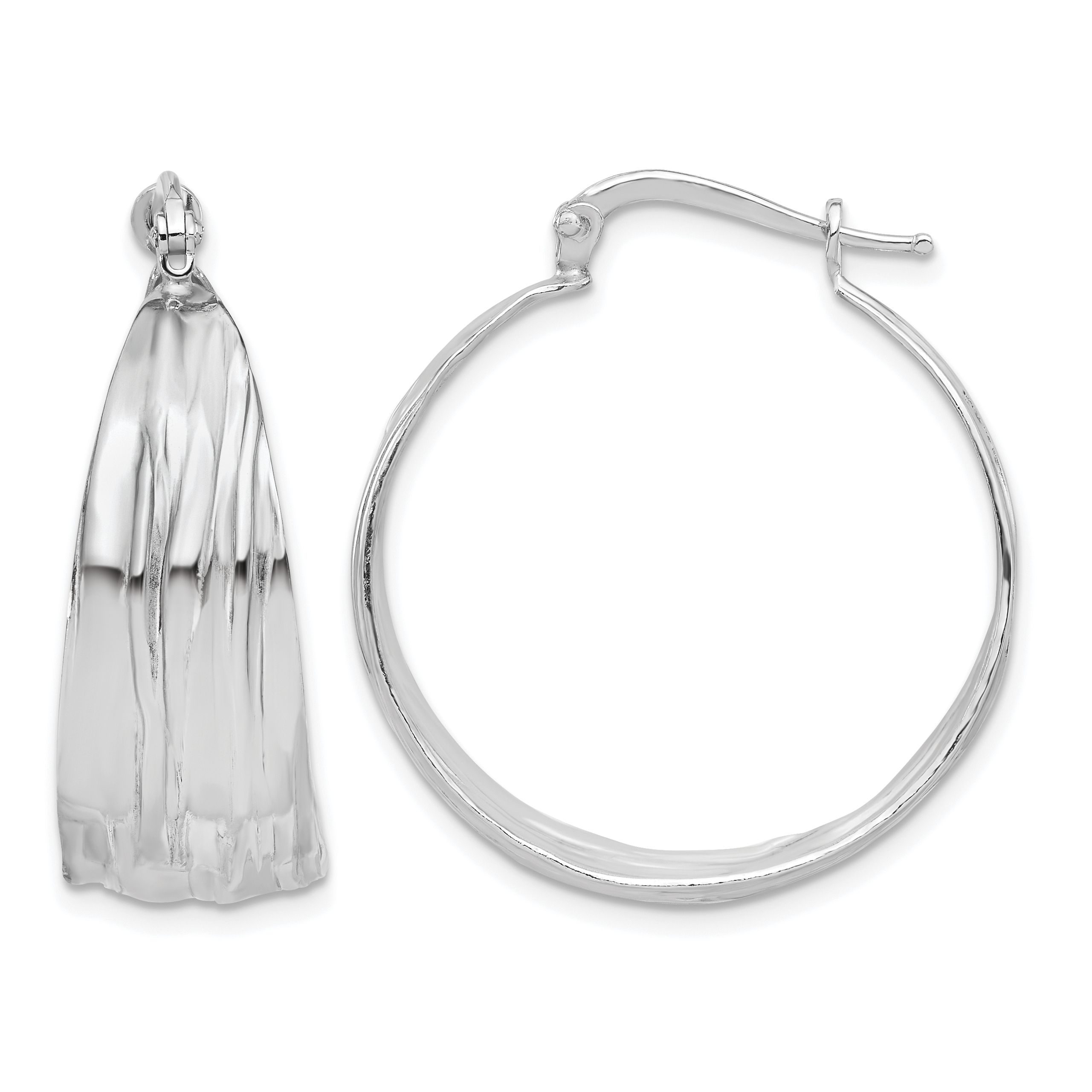 Sterling Silver RH-Plated Textured and Tapered MED Round Hoop Earrings (QE16896)
