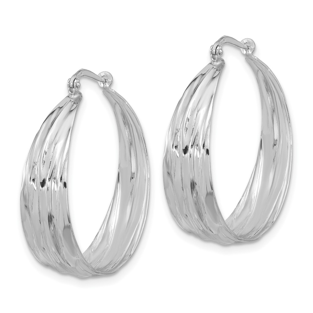 Sterling Silver RH-Plated Textured and Tapered LG Round Hoop Earrings (QE16897)
