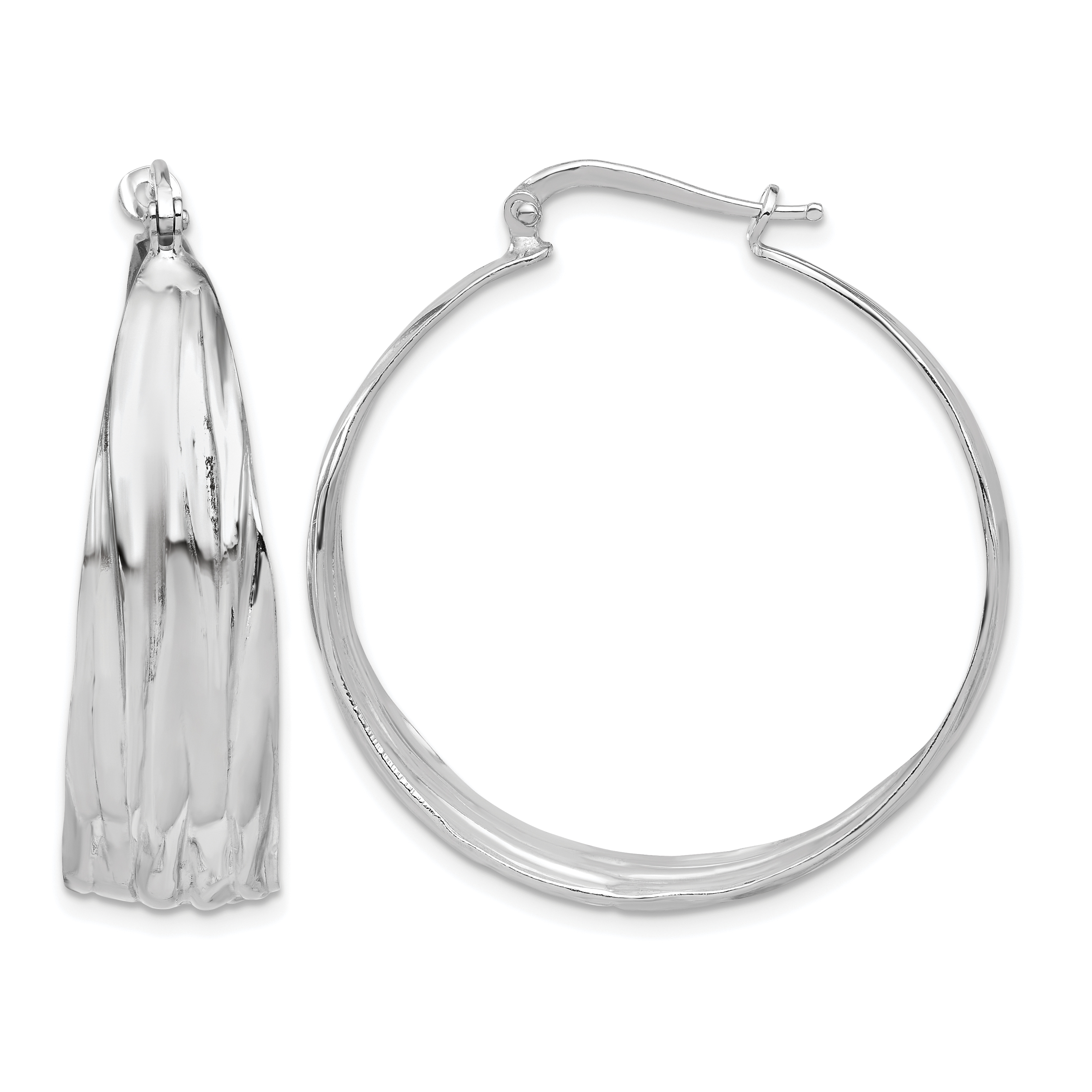 Sterling Silver RH-Plated Textured and Tapered LG Round Hoop Earrings (QE16897)