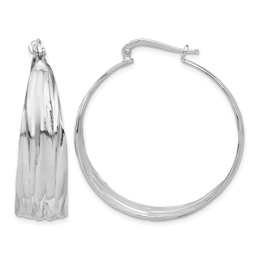 Sterling Silver RH-Plated Textured and Tapered LG Round Hoop Earrings (QE16897)