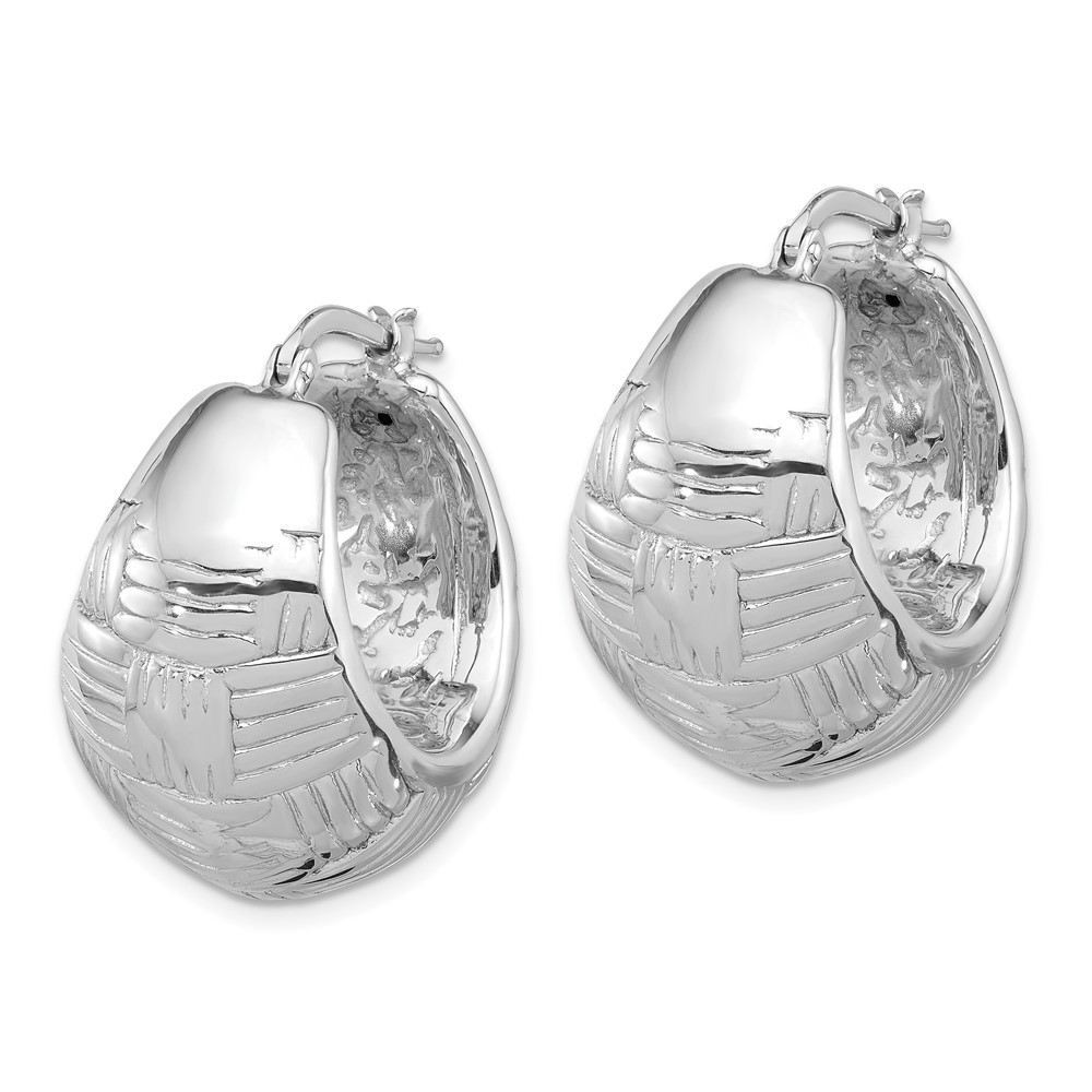 Sterling Silver RH-plated Polish and Woven Round Shrimp Hoop Earrings (QE16902)