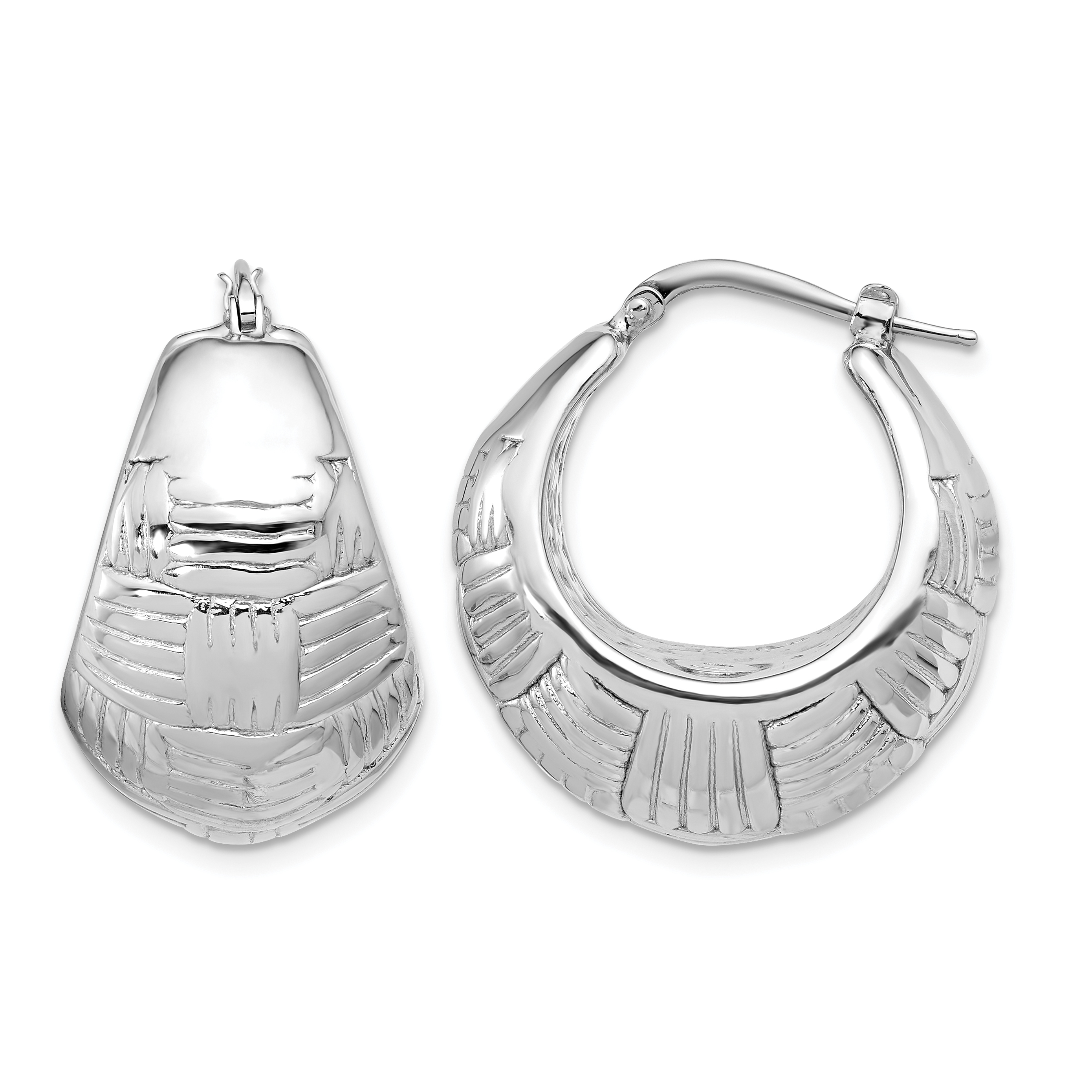 Sterling Silver RH-plated Polish and Woven Round Shrimp Hoop Earrings (QE16902)