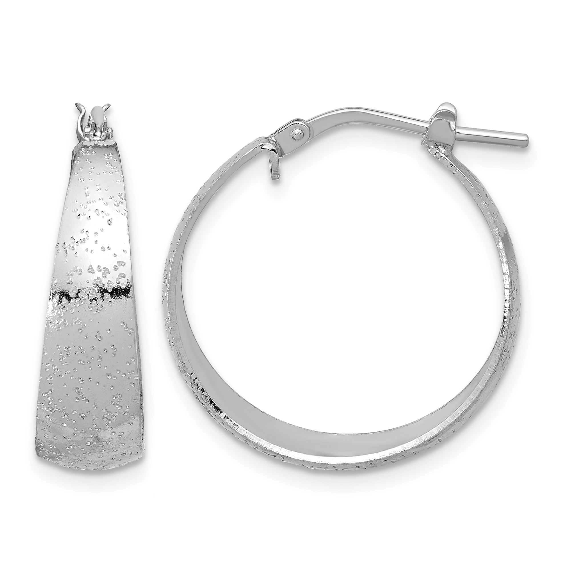 Sterling Silver RH-plated Sparkle Texture Tapered Round Hoop Earrings (QE16905)