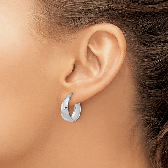 Sterling Silver RH-plated Sparkle Texture Tapered Round Hoop Earrings