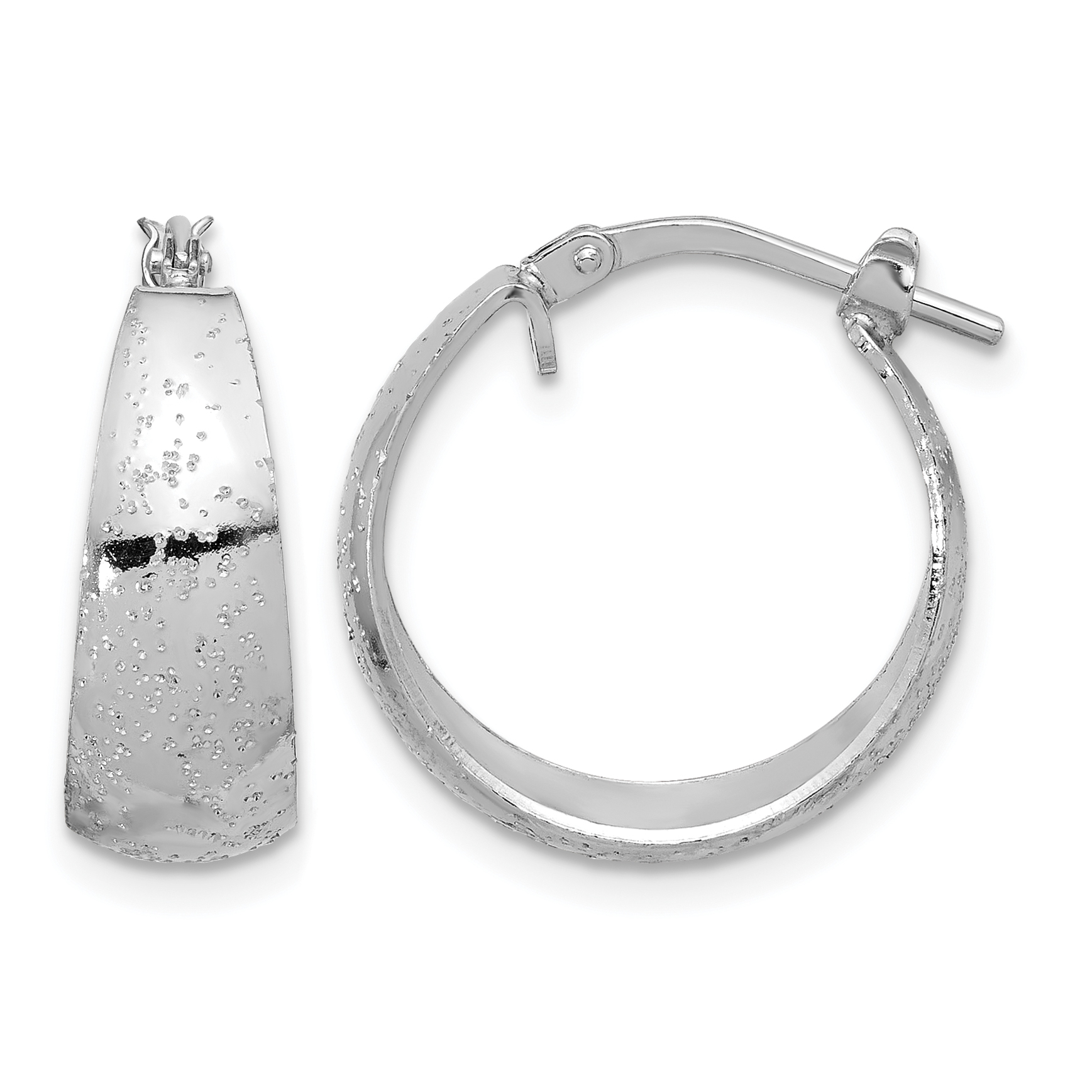 Sterling Silver RH-plated Sparkle Texture Tapered Round Hoop Earrings (QE16906)