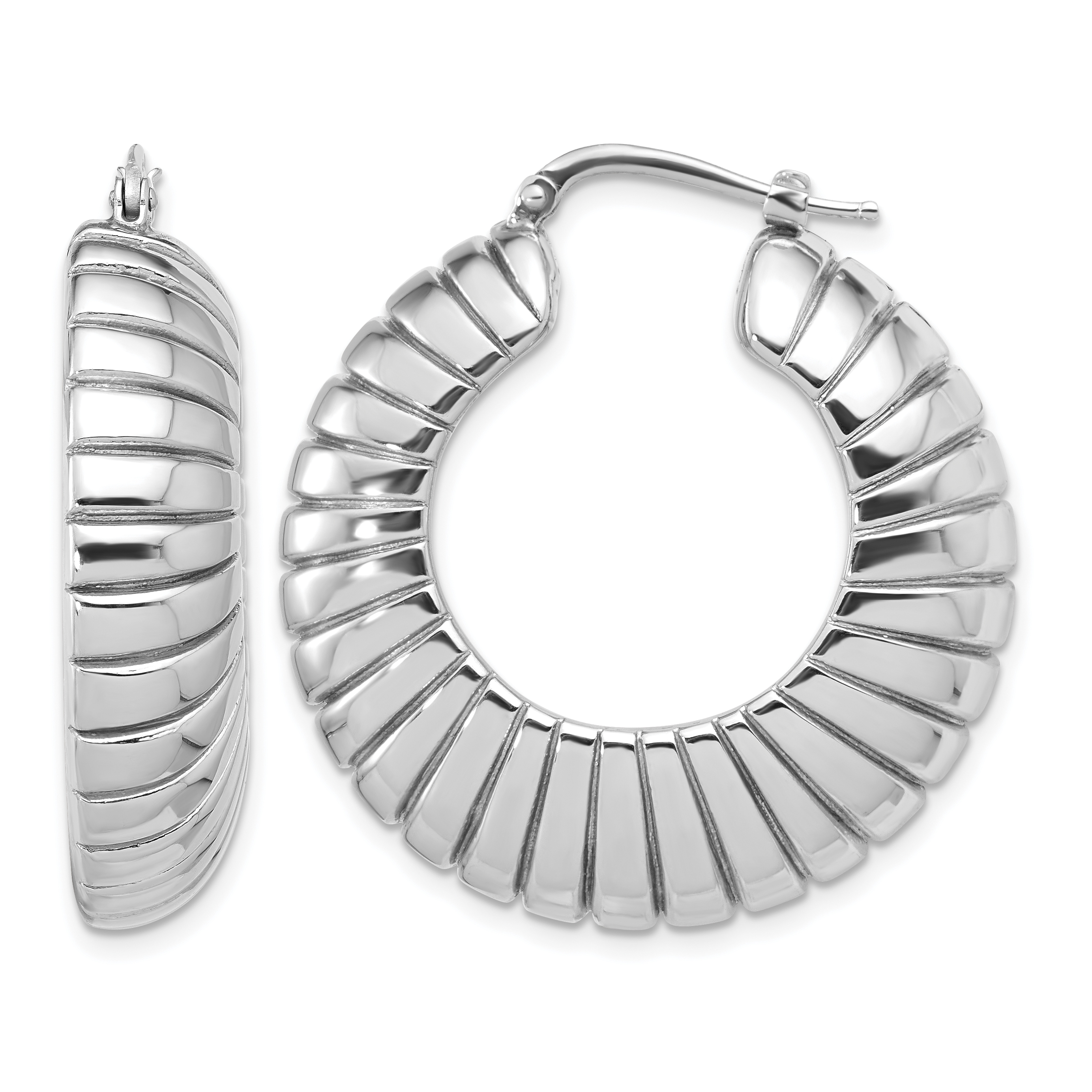 Sterling Silver RH-plated Polished and Striped Large Round Hoop Earrings (QE16914)