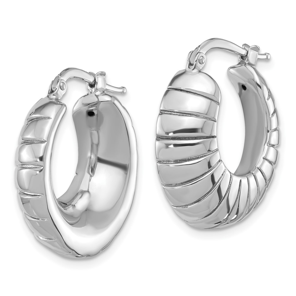 Sterling Silver RH-plated Polished & Striped Small Round Hoop Earrings (QE16915)