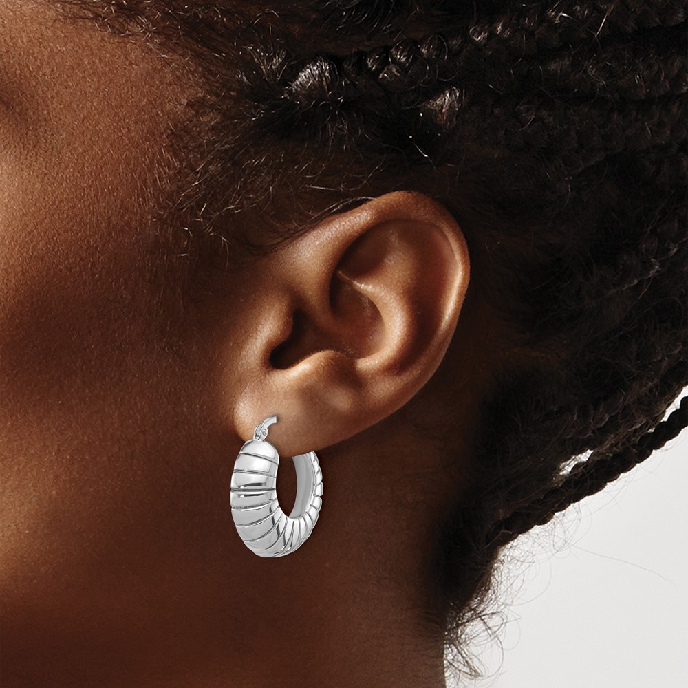 Sterling Silver RH-plated Polished & Striped Small Round Hoop Earrings (QE16915)