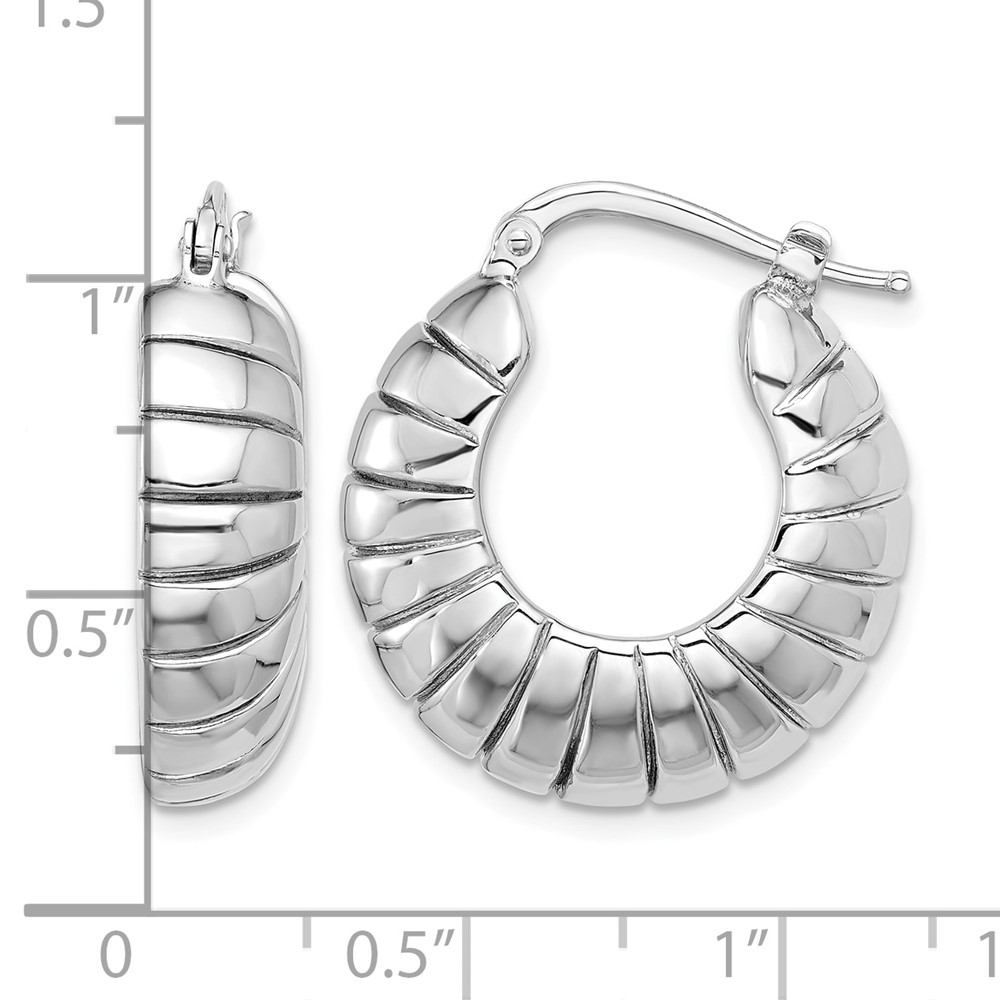 Sterling Silver RH-plated Polished & Striped Small Round Hoop Earrings (QE16915)