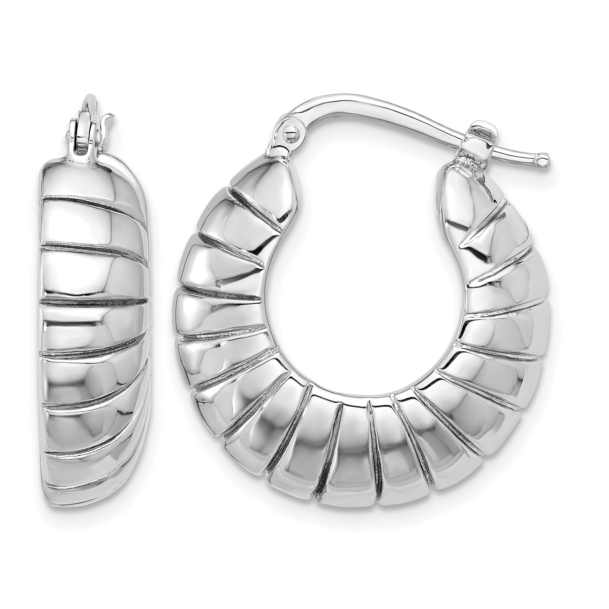 Sterling Silver RH-plated Polished & Striped Small Round Hoop Earrings (QE16915)
