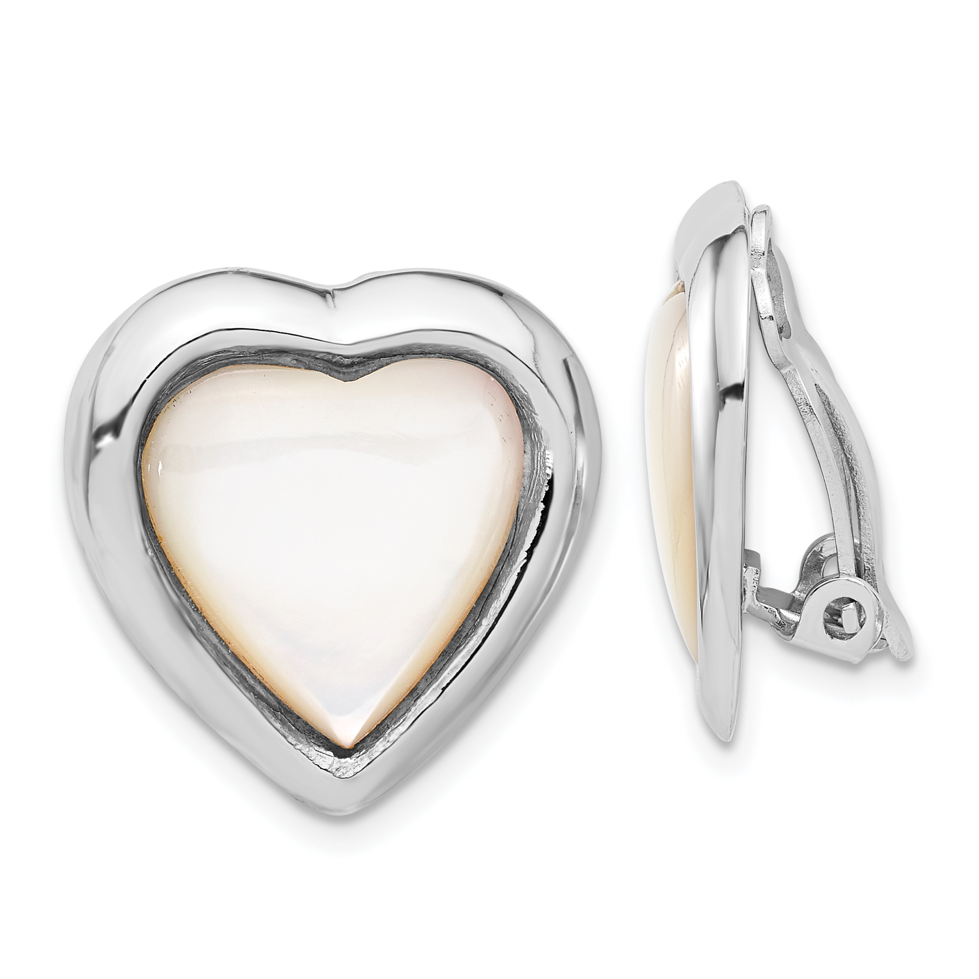 Sterling Silver RH-plated Mother of Pearl Heart Non-Pierced Earrings (QE16930)