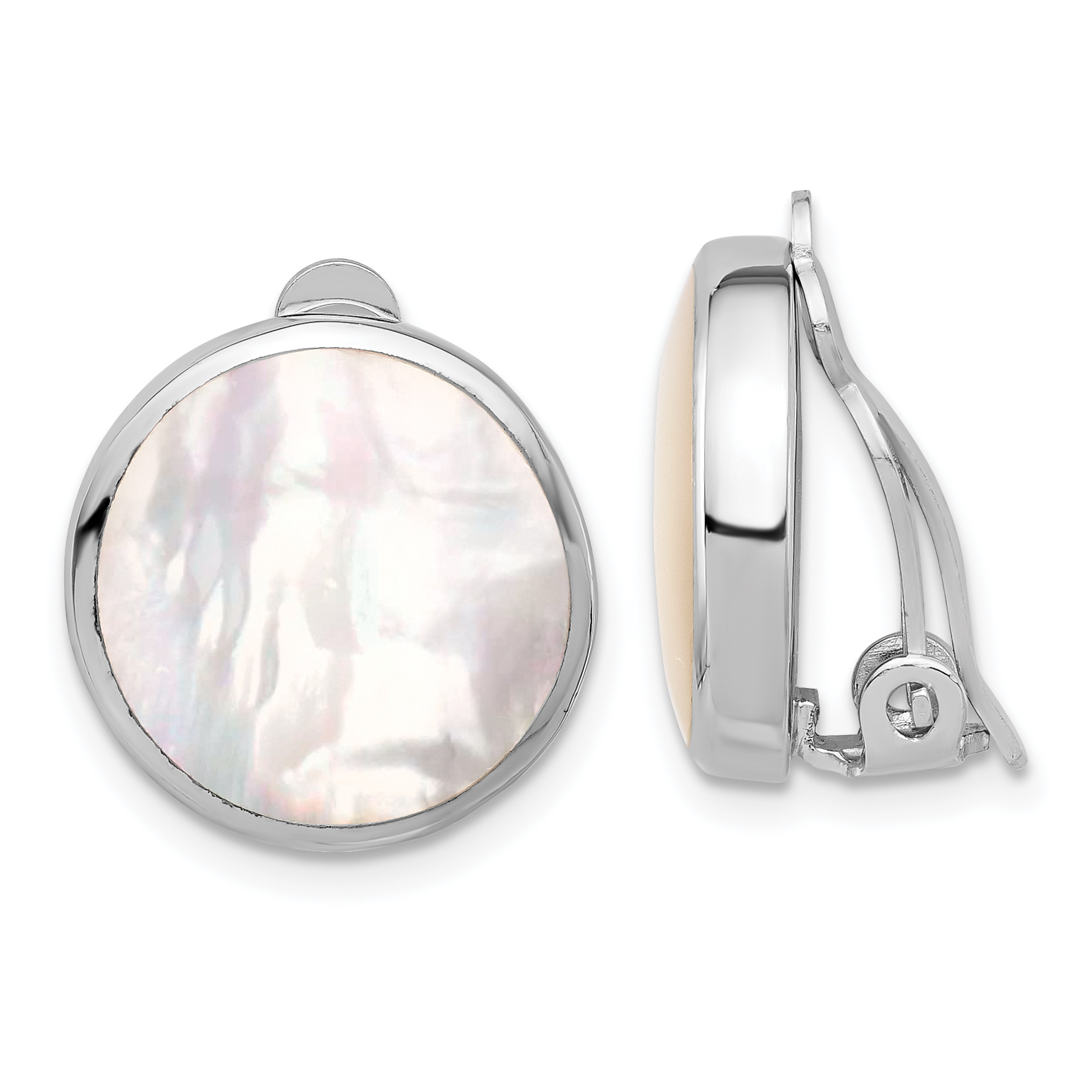 Sterling Silver RH-plated Mother of Pearl Round Non-Pierced Earrings (QE16931)