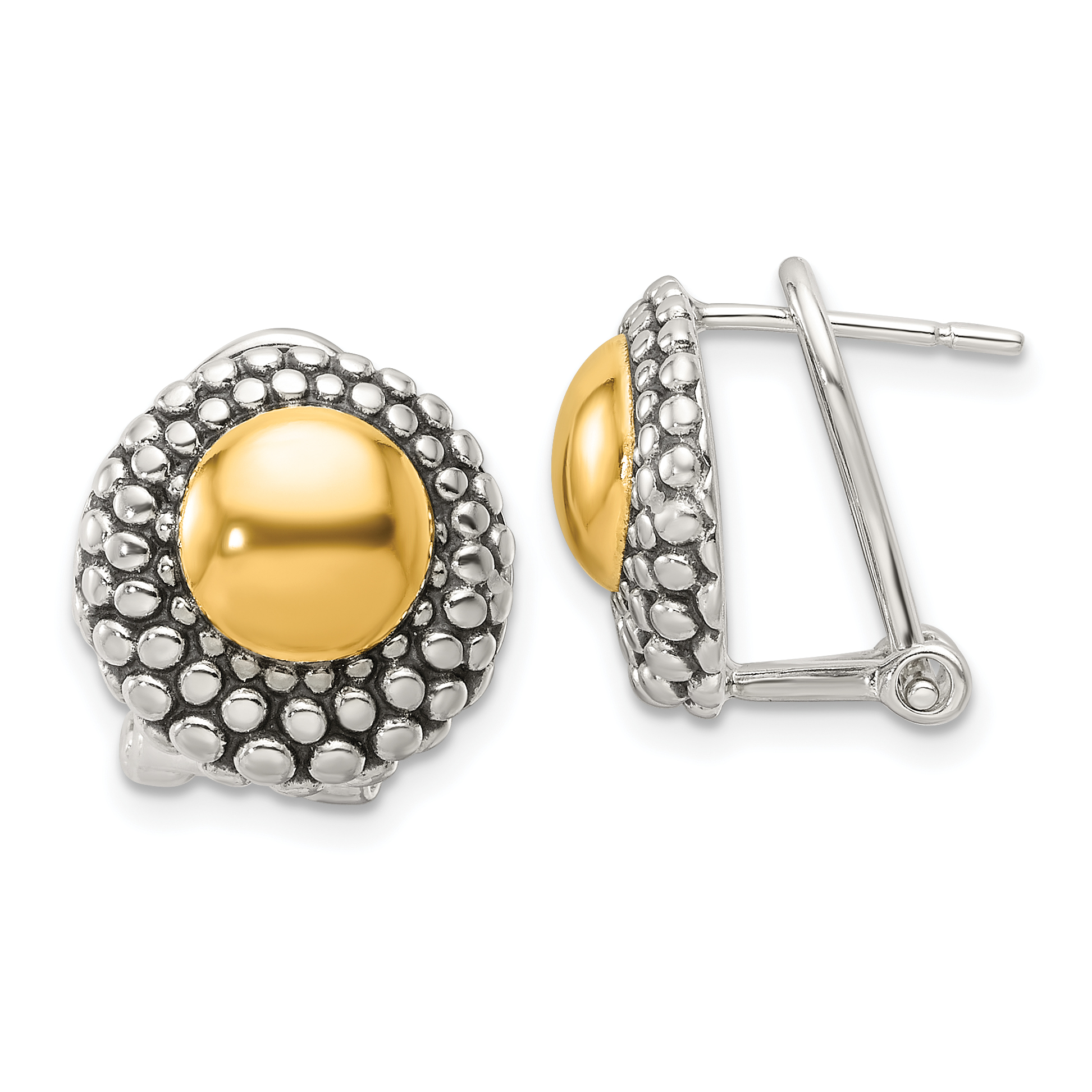 Sterling Silver Antiqued & Gold-tone Circle Omega Back Post Earrings (QE16932)