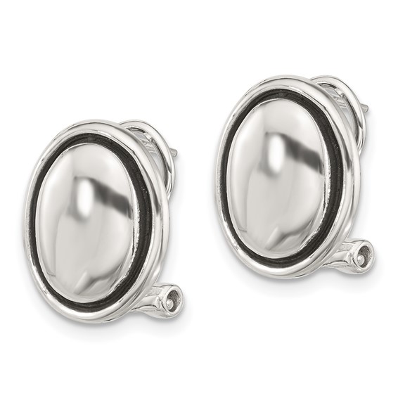 Sterling Silver Polished and Antiqued Oval Omega Back Earrings