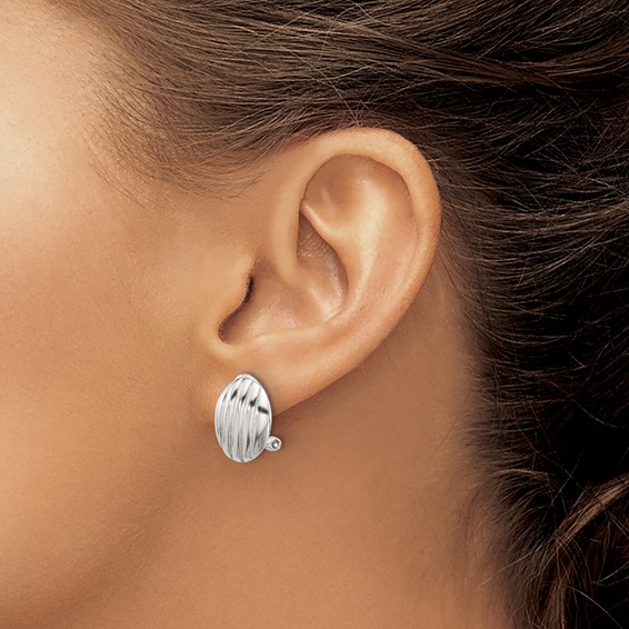 Sterling Silver Polished and Striped Texture Oval Omega Back Earrings