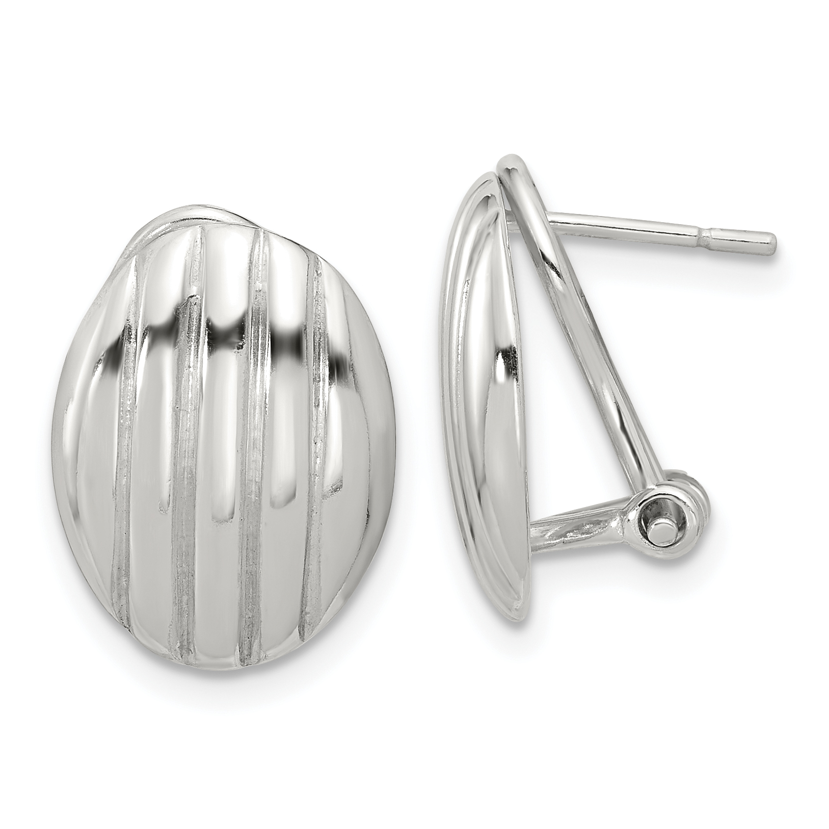 Sterling Silver Polished and Striped Texture Oval Omega Back Earrings (QE16938)